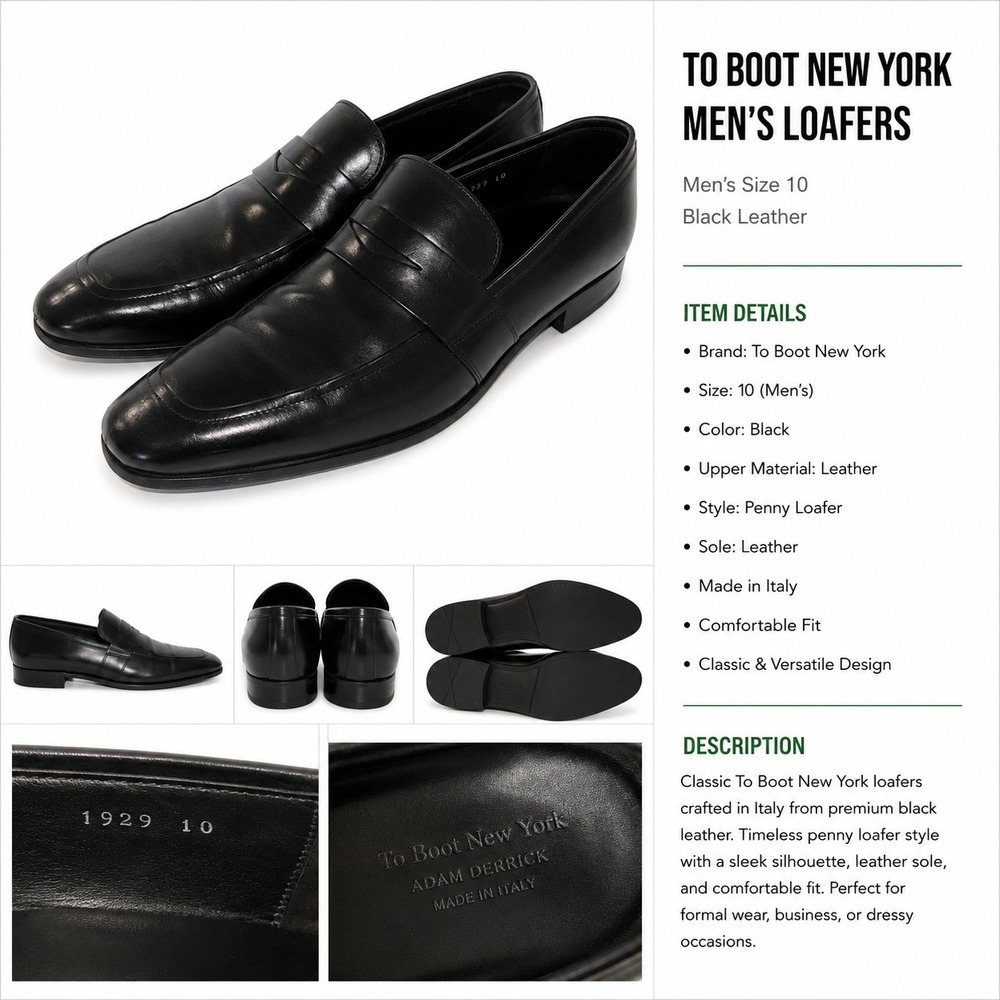 To Boot‎ New York Adam Derrick Mens Black Leather Penny Loafers Size 10 Italy